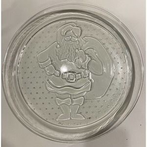 Vintage Serving Dish Cookie Platter Glass Embossed Santa with Bag
